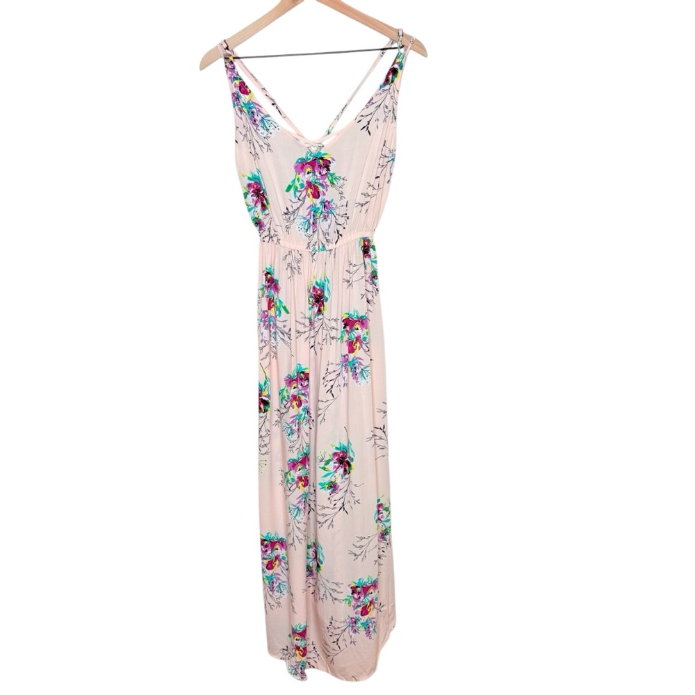 Rip Curl Womans Size Medium Blush Pink Floral V Neck Spaghetti Strap Maxi Dress